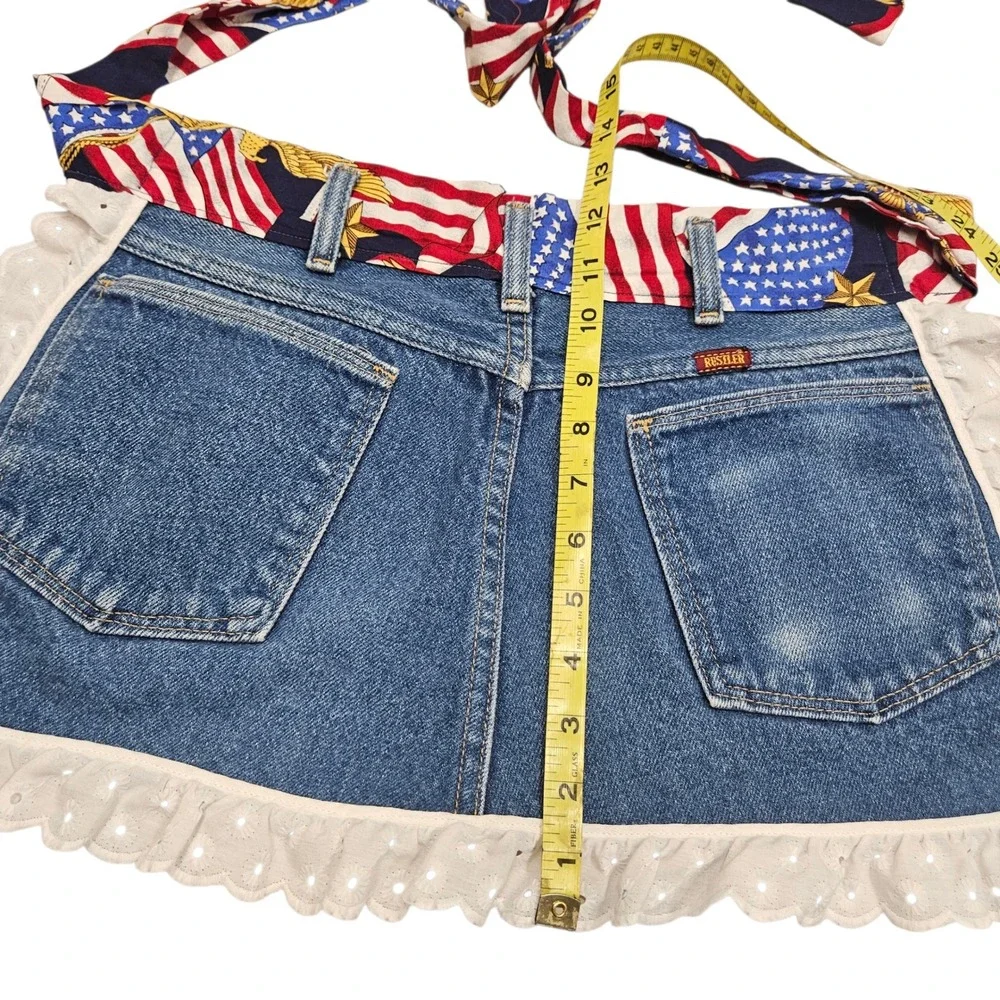 Denim Apron Upcycled Jean Pockets‎ Patriotic American Flag Lace Country Cookout